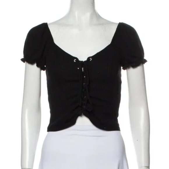 Reformation Tops - Reformation Puff Sleeves Tie Front Ribbed Top in Black Size XS